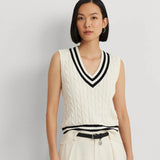 Lauren Ralph Lauren Cable-Knit Cotton Sleeveless Jumper in Mascarpone Cream/Black