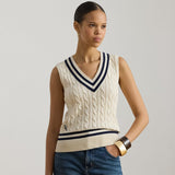 Lauren Ralph Lauren Cable-Knit Cotton Sleeveless Jumper in Mascarpone Cream/Navy