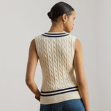 Lauren Ralph Lauren Cable-Knit Cotton Sleeveless Jumper in Mascarpone Cream/Navy