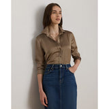 Lauren Ralph Lauren Classic Fit Satin Charmeuse Shirt In Taupe Brown