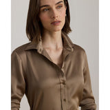 Lauren Ralph Lauren Classic Fit Satin Charmeuse Shirt In Taupe Brown