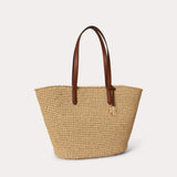 Lauren Ralph Lauren Crocheted Straw Large Lainey Tote Bag in Natural/Lauren Tan