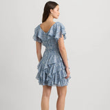 Lauren Ralph Lauren Floral Metallic Chiffon Cocktail Dress in Blue/Cream