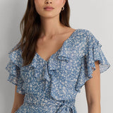 Lauren Ralph Lauren Floral Metallic Chiffon Cocktail Dress in Blue/Cream