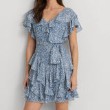 Lauren Ralph Lauren Floral Metallic Chiffon Cocktail Dress in Blue/Cream