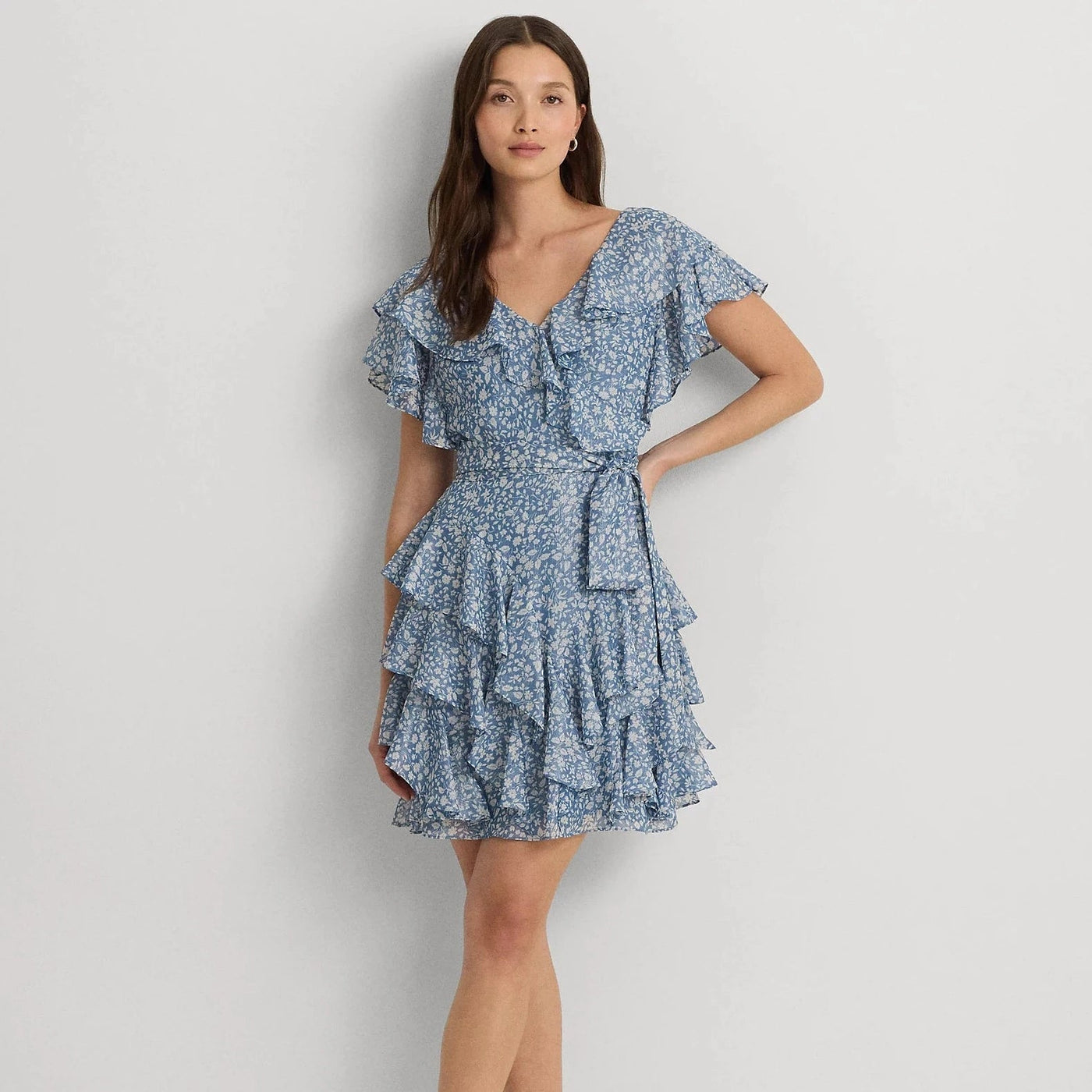 Lauren Ralph Lauren Floral Metallic Chiffon Cocktail Dress in Blue/Cre Lauren Ralph Lauren Floral Metallic Chiffon Cocktail Dress in Blue/Cre