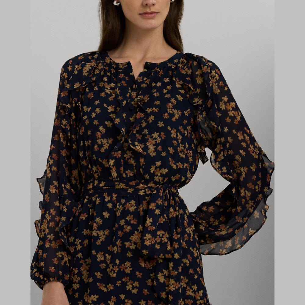 Lauren Ralph Lauren Floral Ruffle-Trim Georgette Dress In Navy Multi