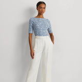 Lauren Ralph Lauren Floral Stretch Cotton Boatneck T-shirt in Blue/Cream