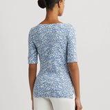 Lauren Ralph Lauren Floral Stretch Cotton Boatneck T-shirt in Blue/Cream