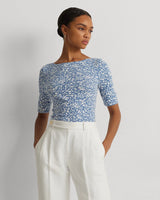 Lauren Ralph Lauren Floral Stretch Cotton Boatneck T-shirt in Blue/Cream