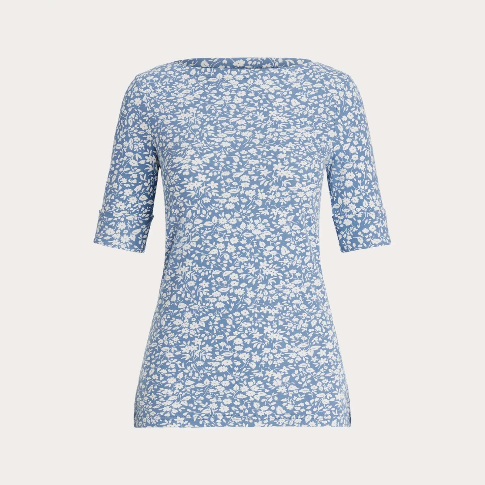 Lauren Ralph Lauren Floral Stretch Cotton Boatneck T-shirt in Blue/Cream