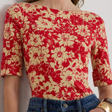 Lauren Ralph Lauren Floral Stretch Cotton Boatneck T-Shirt in Red/Tan Floral