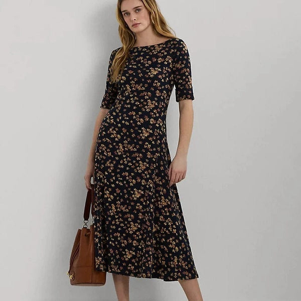 Lauren Ralph Lauren Floral Stretch Cotton Midi Dress in Navy Multi