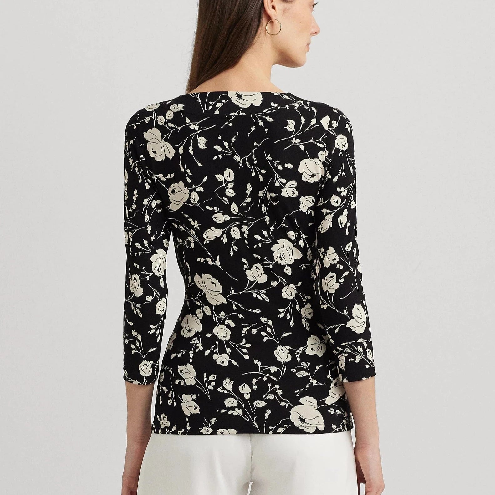 Lauren Ralph Lauren Floral Surplice Stretch Jersey Top in Black/Cream