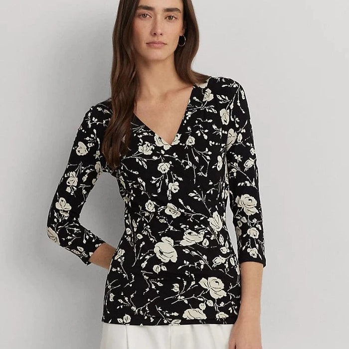 Lauren Ralph Lauren Floral Surplice Stretch Jersey Top In Black / Crea