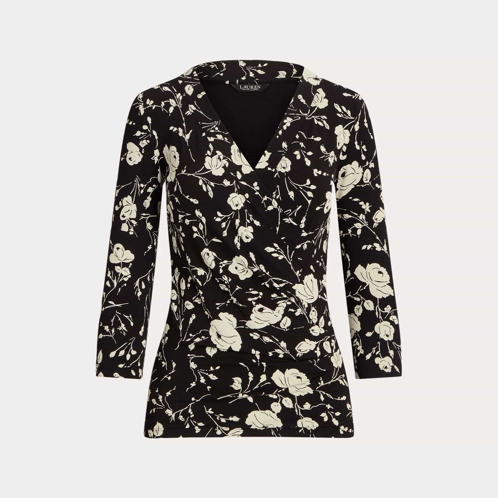 Lauren Ralph Lauren Floral Surplice Stretch Jersey Top in Black/Cream