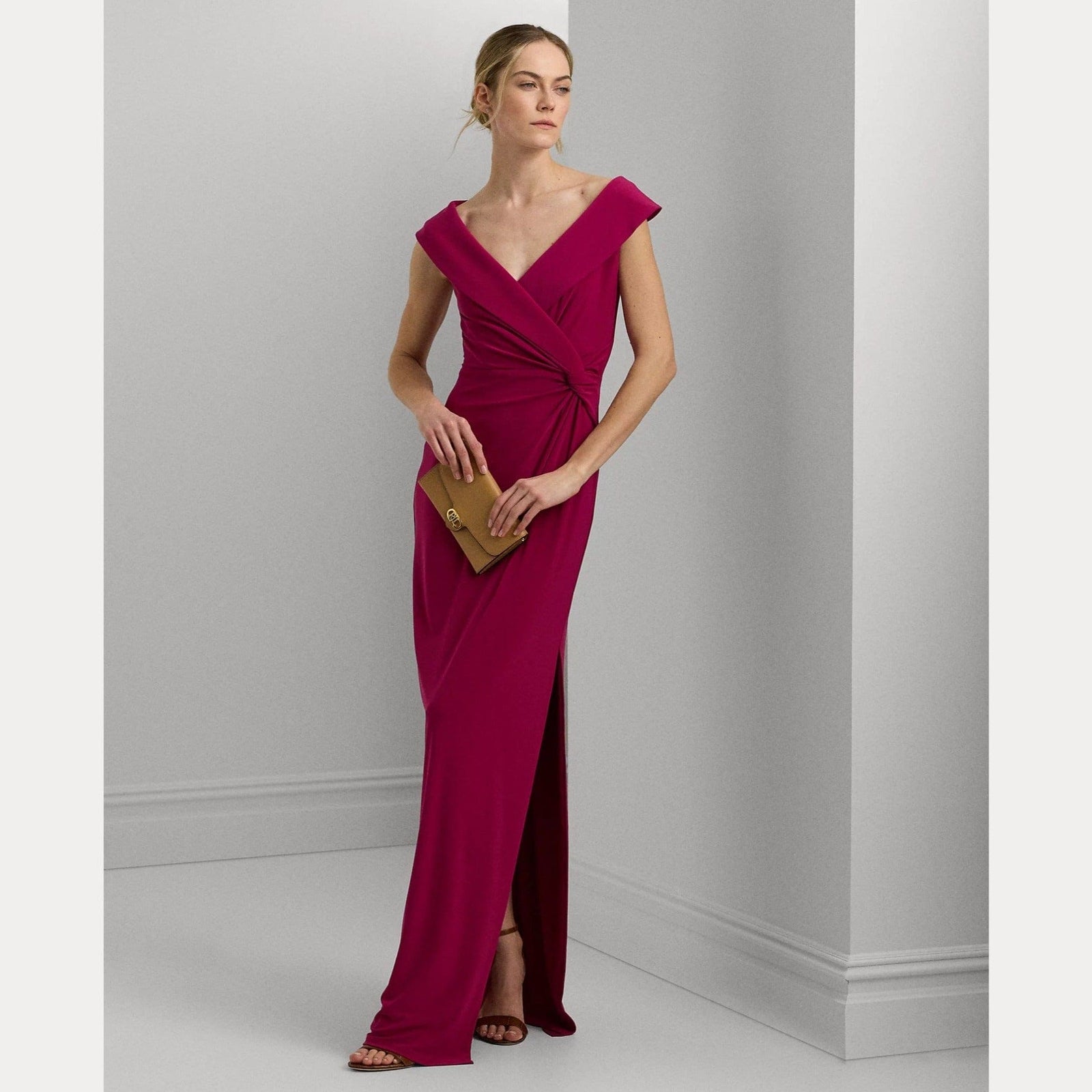 Lauren Ralph Lauren Jersey Off-the-shoulder Gown In Fuchsia Berry