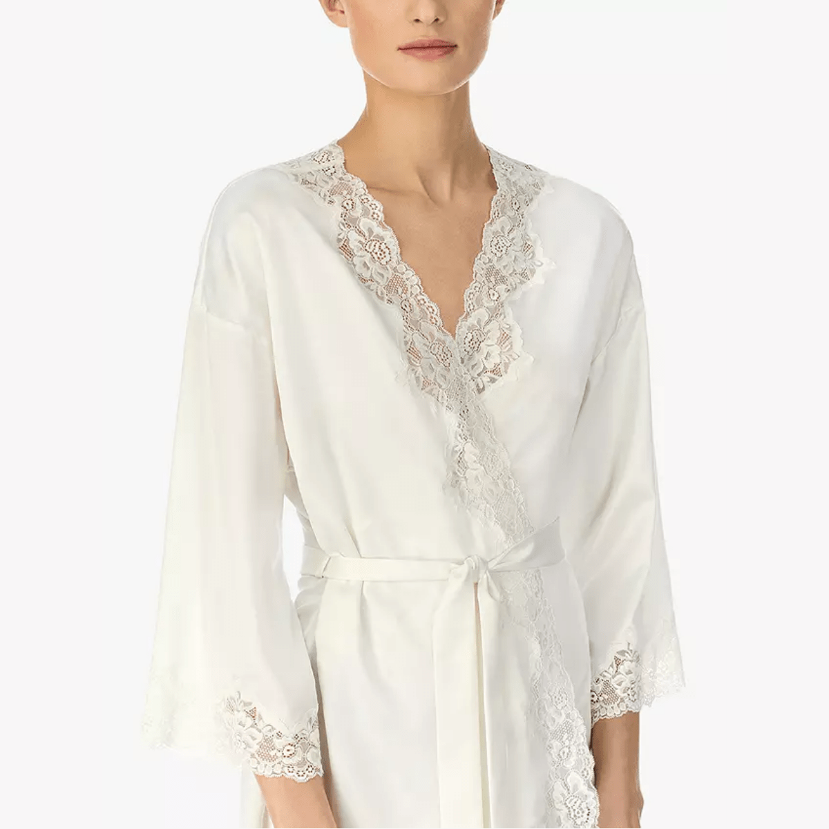 Lauren Ralph Lauren Lace Detail Signature Satin Kimono Robe, Ivory