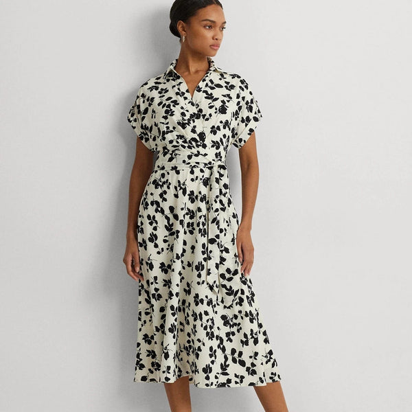 Lauren Ralph Lauren Leaf-Print Belted Crepe Dress in Cream/Black