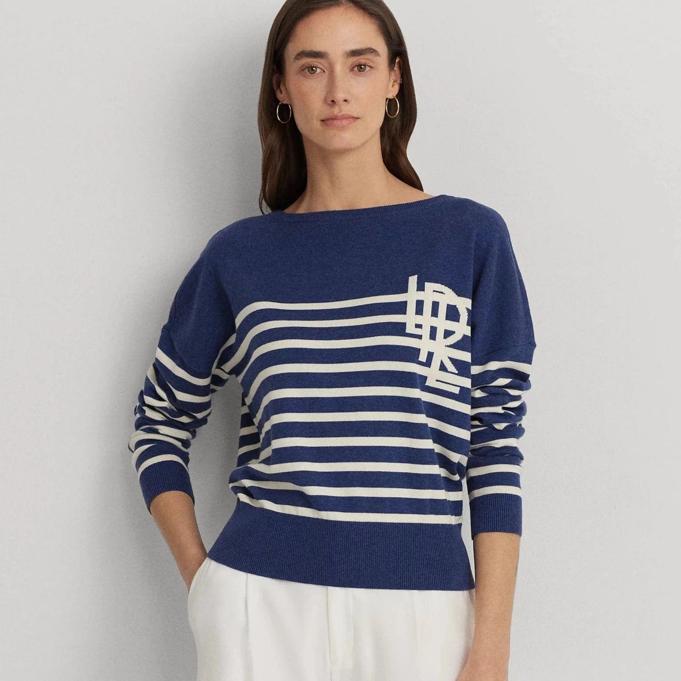 Lauren Ralph Lauren Logo Striped Cotton Boatneck Jumper In Indigo Dusk