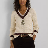 Lauren Ralph Lauren Meren Cable Knit Jumper In Cream/Pinot/Green