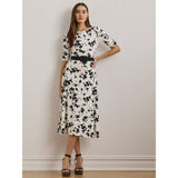 Lauren Ralph Lauren Munzie Elbow Sleeve Floral Print Midi Dress in Cream/Black
