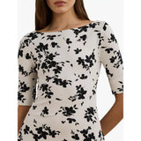 Lauren Ralph Lauren Munzie Elbow Sleeve Floral Print Midi Dress in Cream/Black