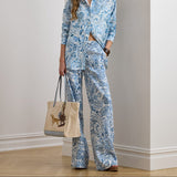 Lauren Ralph Lauren Paisley Linen Wide-Leg Trousers in White/Blue