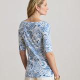 Lauren Ralph Lauren Paisley Stretch Cotton Boatneck T-Shirt In White/Blue