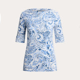 Lauren Ralph Lauren Paisley Stretch Cotton Boatneck T-Shirt In White/Blue