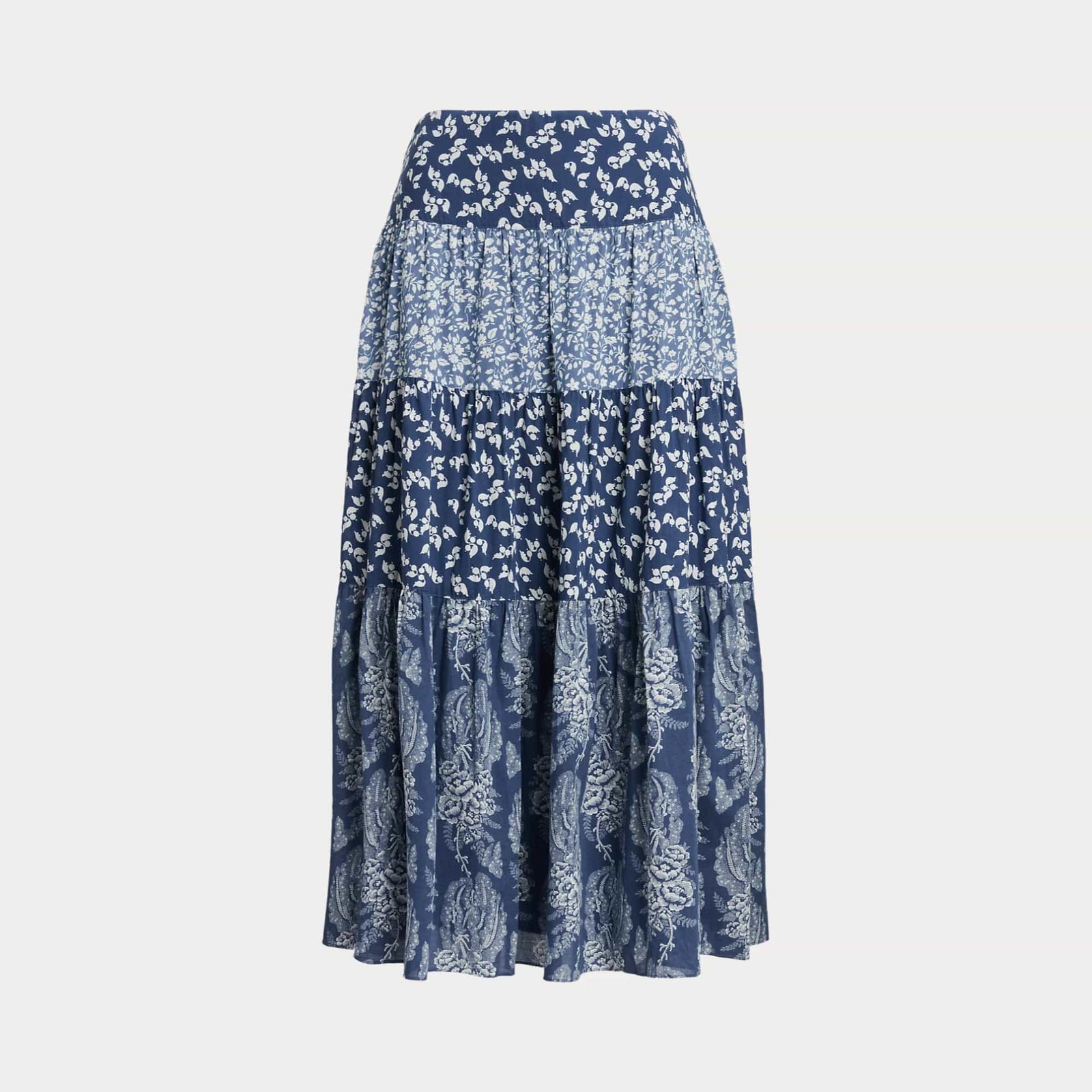 Lauren Ralph Lauren Patchwork Floral Voile Tiered Skirt in Blue/Cream