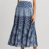 Lauren Ralph Lauren Patchwork Floral Voile Tiered Skirt in Blue/Cream