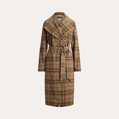 Lauren Ralph Lauren Plaid Wool-Blend Twill Wrap Coat in Taupe Multi