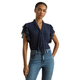 Lauren Ralph Lauren Polka-Dot Georgette Tie-Neck Blouse In Navy