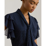 Lauren Ralph Lauren Polka-Dot Georgette Tie-Neck Blouse In Navy