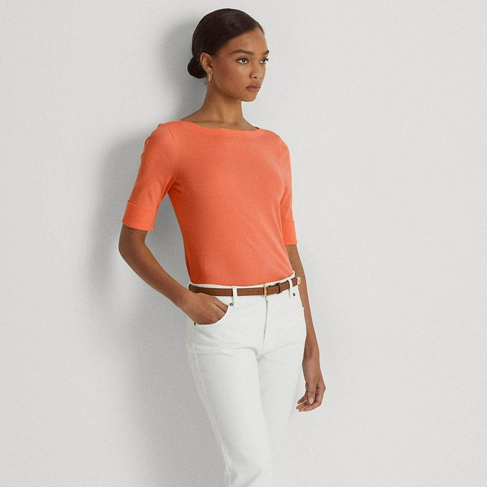 Lauren Ralph Lauren Stretch Cotton Boatneck Top Coral