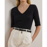 Lauren Ralph Lauren Stretch Cotton Elbow-Sleeve V-Neck Tee In Black