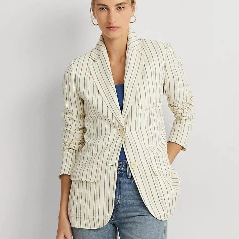 Lauren Ralph Lauren Striped Cotton-Blend Blazer in Cream/Blue