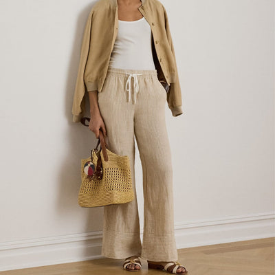 Lauren Ralph Lauren Striped Linen Wide-Leg Trousers in Tan/White