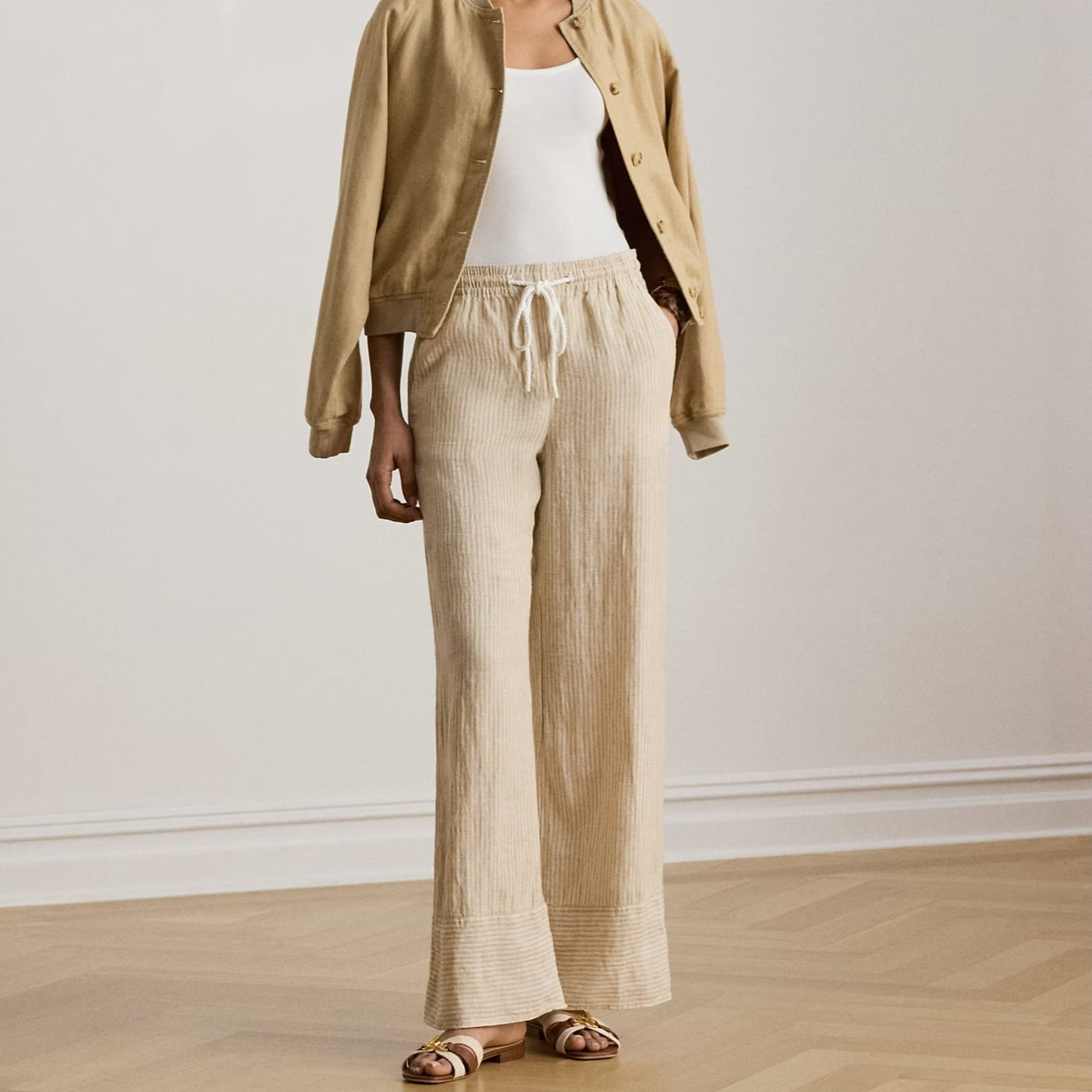 パンツ Lauren Ralph Lauren 00s Linen Slacks Lauren Ralph Lauren Striped Linen Wide-Leg Trousers in Tan/White