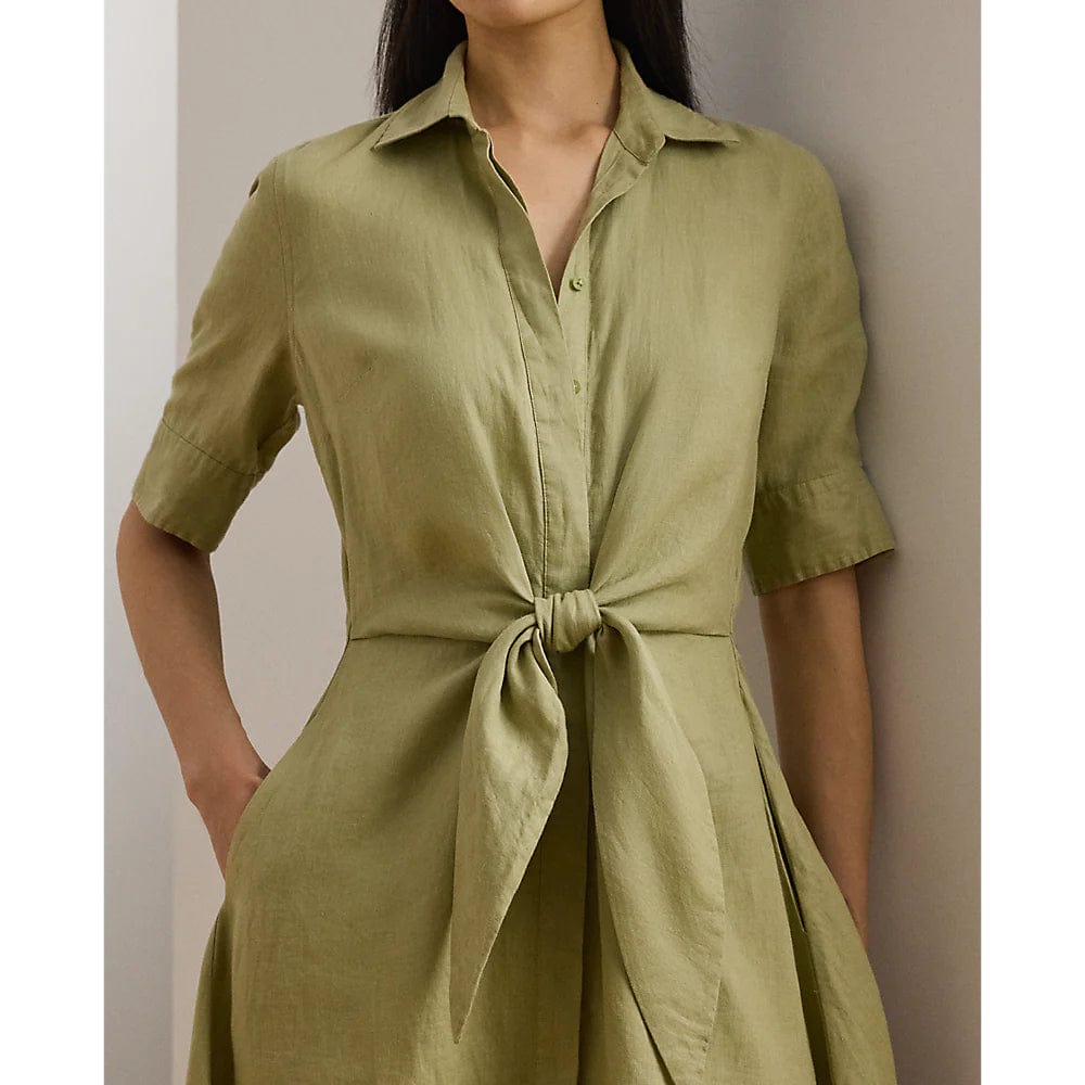 Lauren Ralph Lauren Tie-Front Linen Shirtdress In Light Olive