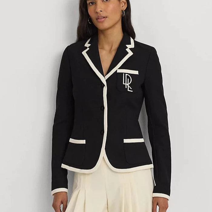 Lauren Ralph Lauren Two Tone Stretch Cotton Pique Blazer in Black Mascarpone Cream