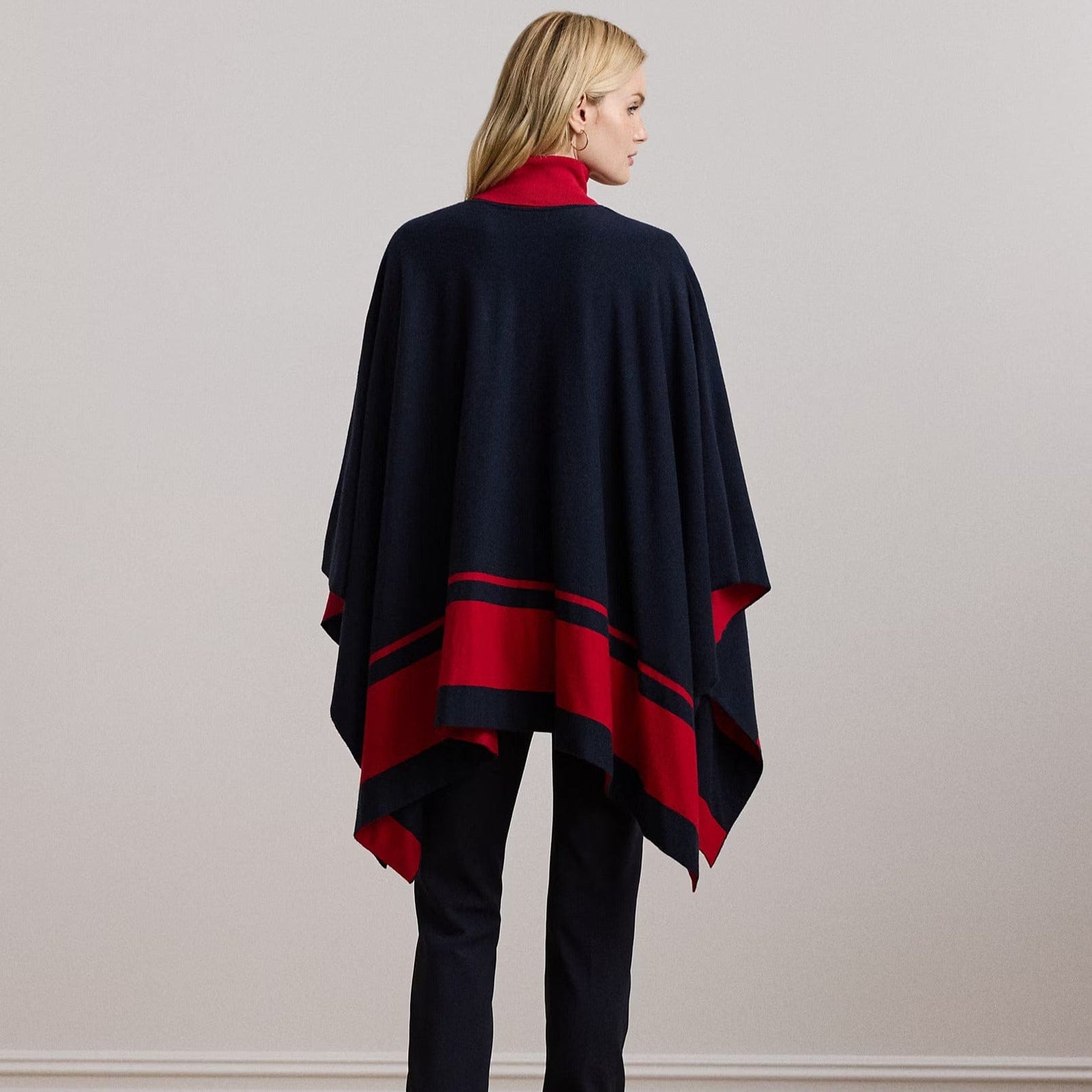 Lauren Ralph Lauren Intarsia-Knit Two-Tone Poncho In Navy Red