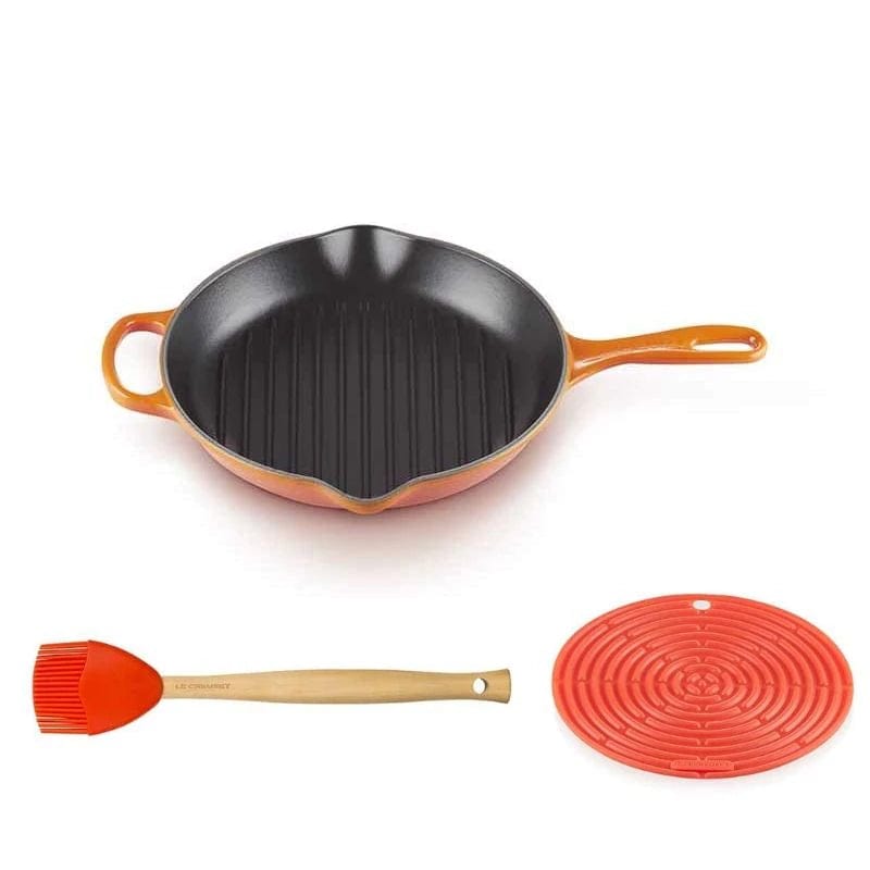 Le Creuset Cast Iron 26cm Round Grillit Volcanic with Cool Tool And Basting Brush