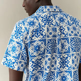 Les Deux Tile Cotton SS Shirt in Light Ivory/Surf Blue