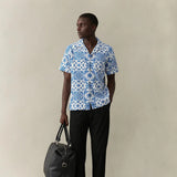 Les Deux Tile Cotton SS Shirt in Light Ivory/Surf Blue