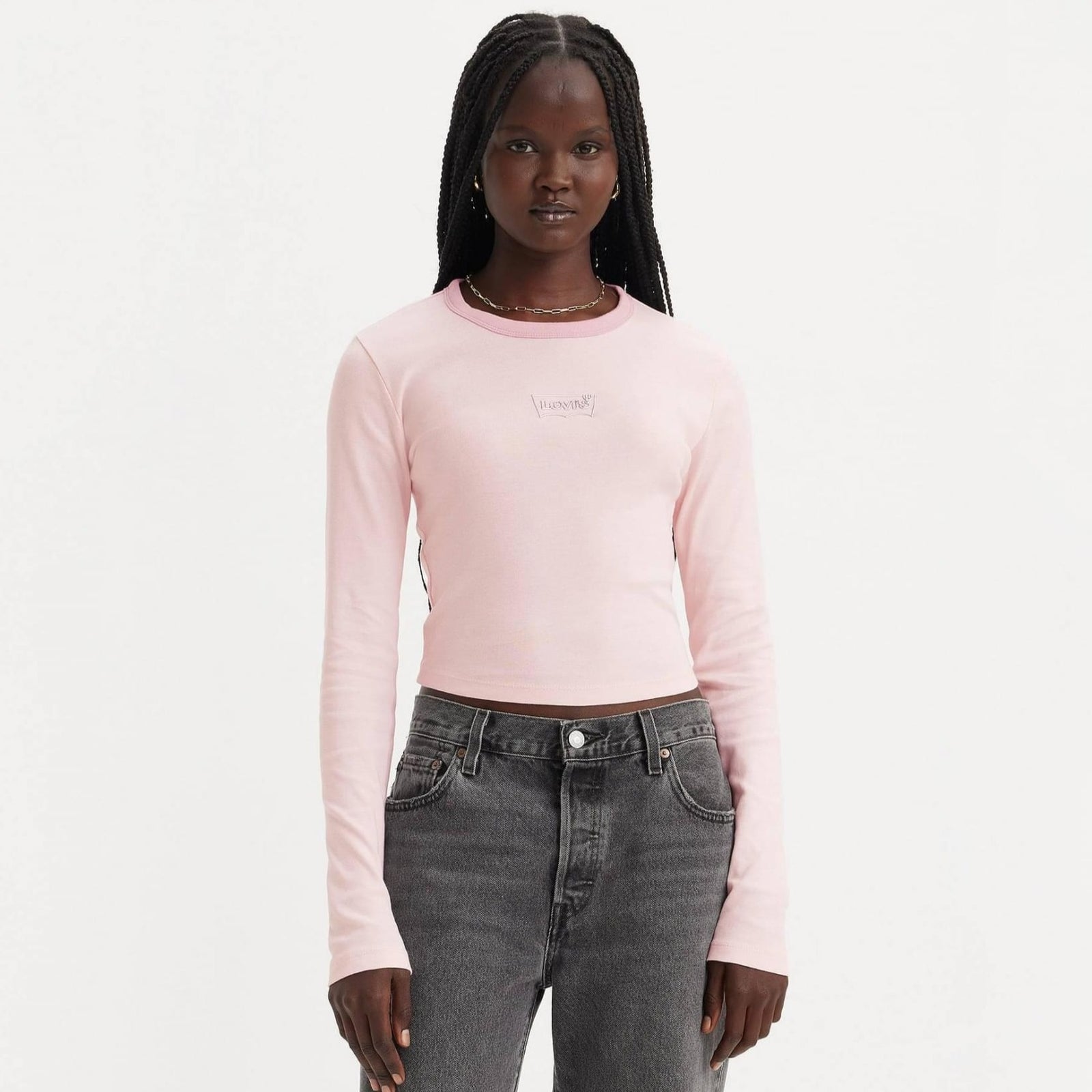 Levi's Graphic Mini Ringer Long Sleeve Tee in Chrome Outline Batwing Mauve Chalk Pink
