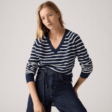 Levi's Supersoft V-neck Pullover Sweater Parisienne Stripe Peacoat In Blue