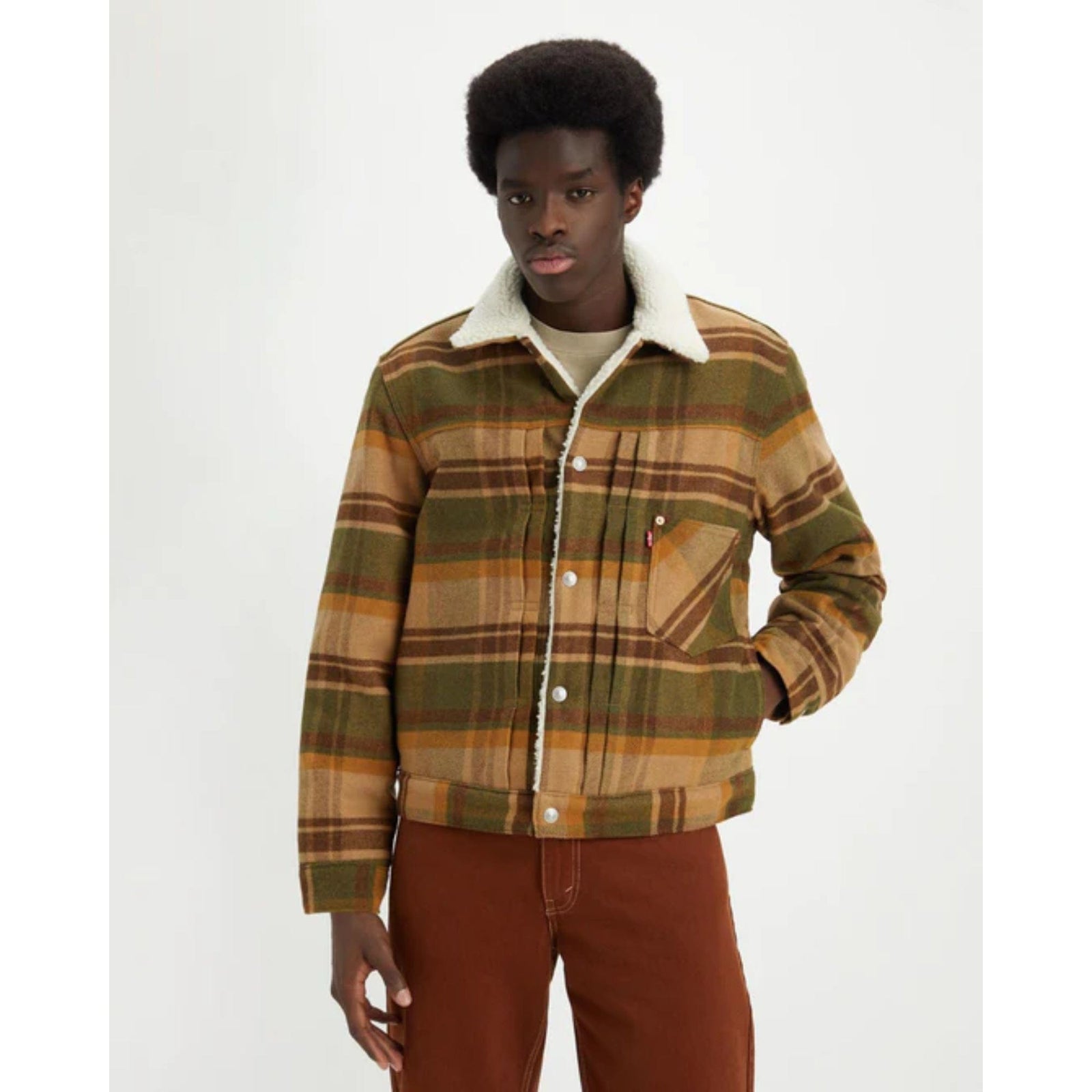 Levi's Type I Sherpa Trucker Jacket in Barold Plaid Winter Moss