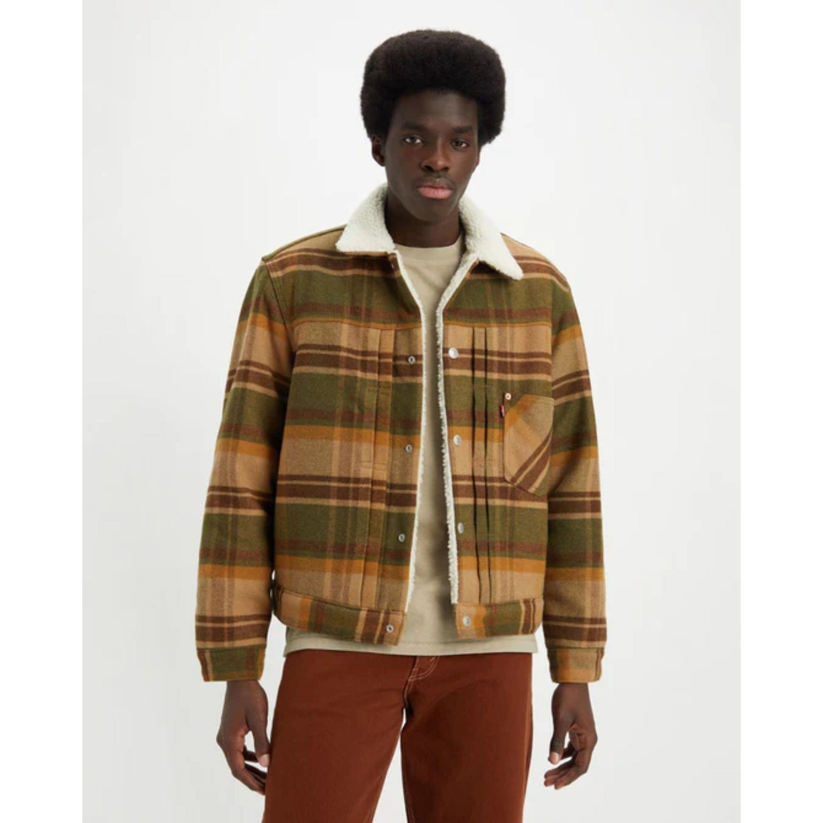 Levi's Type I Sherpa Trucker Jacket in Barold Plaid Winter Moss